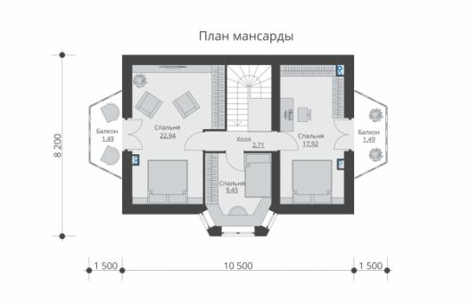 Проект одноэтажного жилого дома с мансардой, балконами и эркером