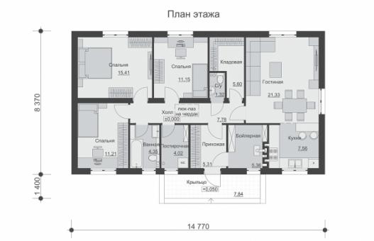Одноэтажный дом с тремя спальнями и отделкой штукатуркой.