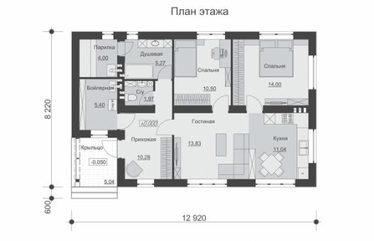 Одноэтажный дом с двумя спальнями, парилкой и односкатной крышей.